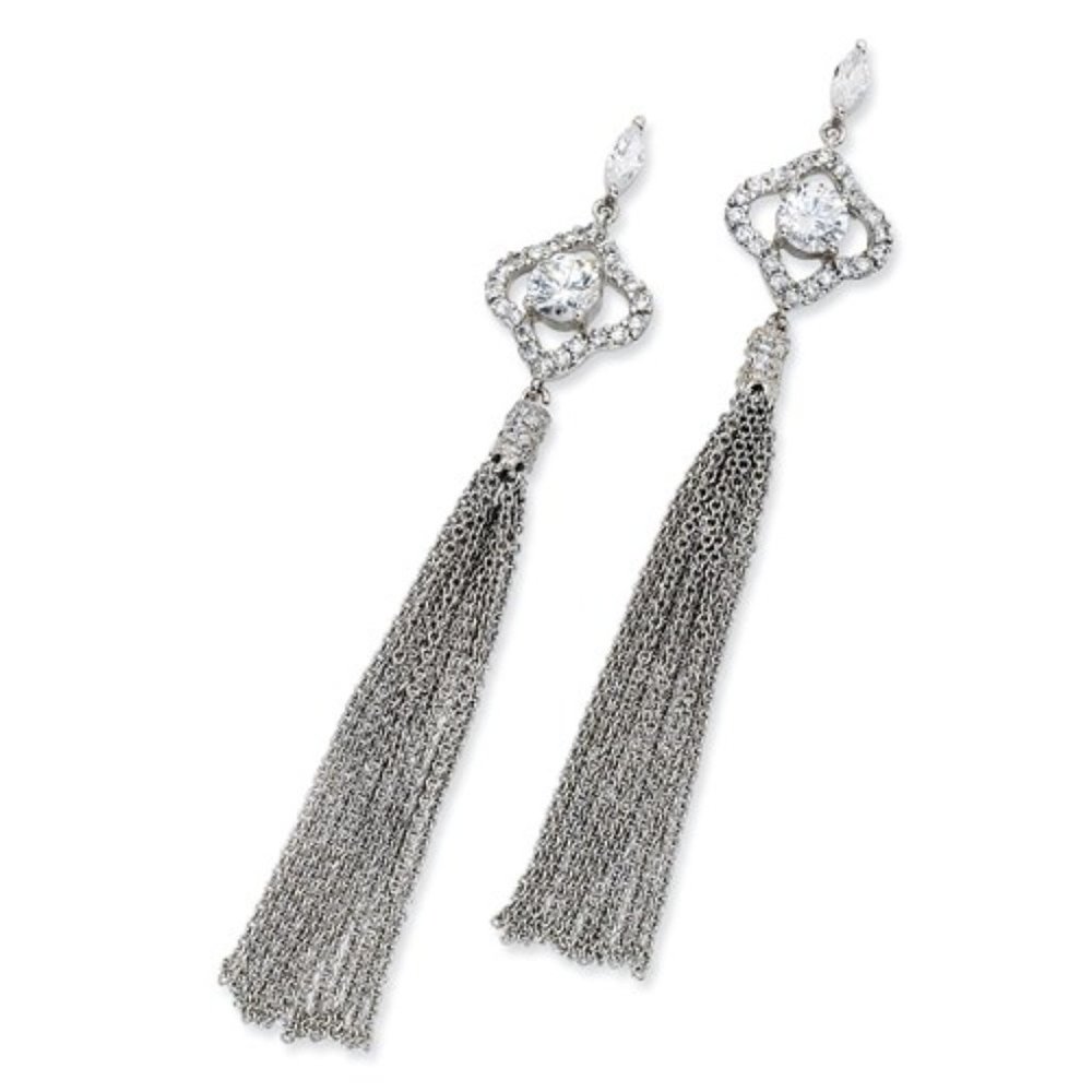 925 Sterling Silver White CZ Tassel Dangle Earring